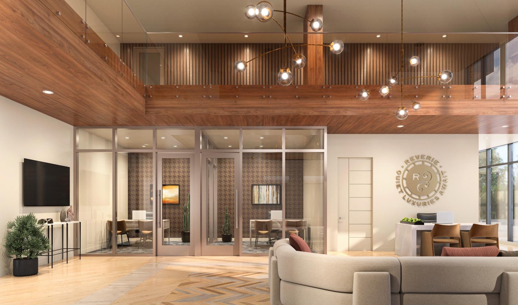 a lounge with a chandelier couch tv and private offices