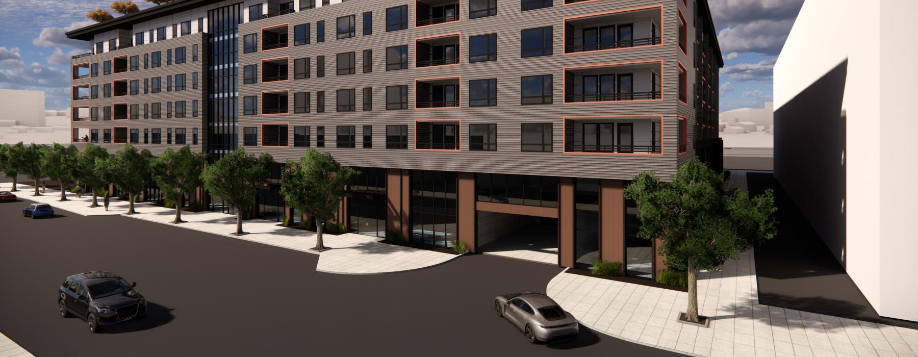 a building with cars parked in front