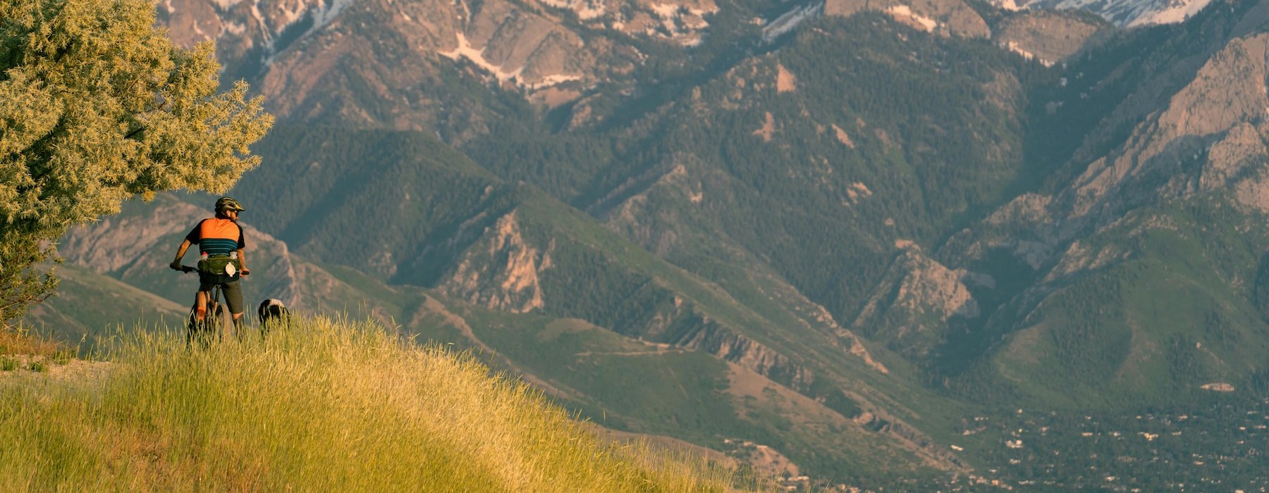 a person riding a bike on a grassy hill with mountains in the background