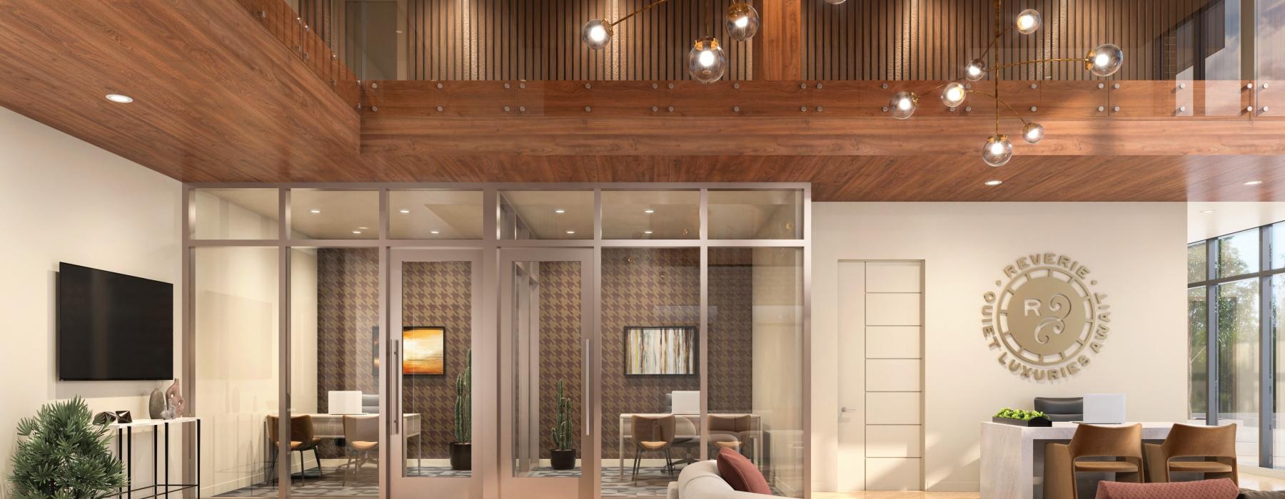 a lounge with a chandelier couch tv and private offices